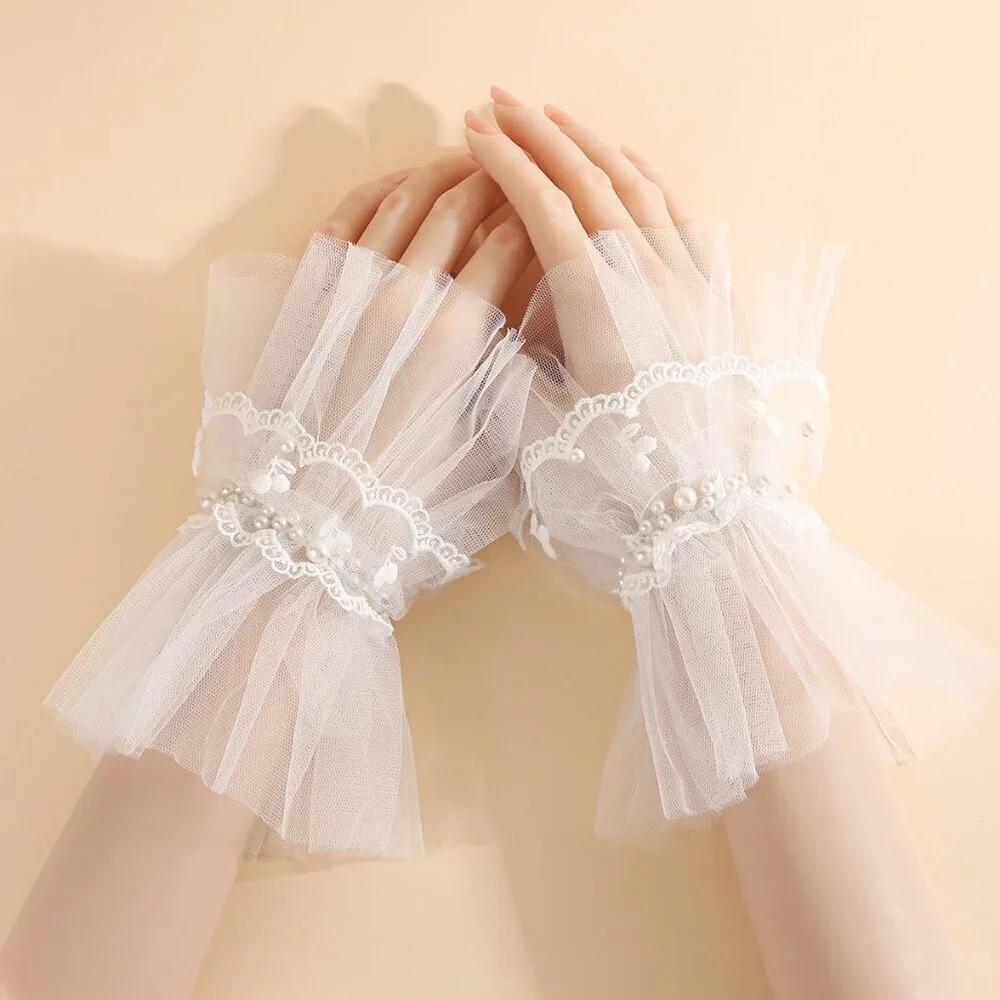 Women's Fingerless Off-White Pearl Tulle Short Lace Gloves Wedding Party Prom